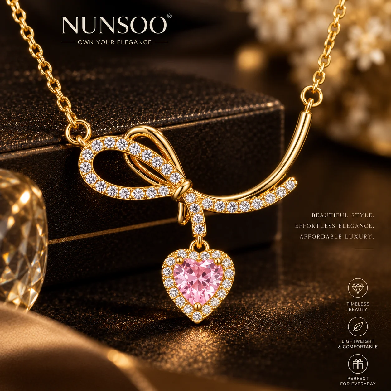Gold-Plated Anti Tarnish Pink Heart Crystal Bow Pendant Necklace for Women