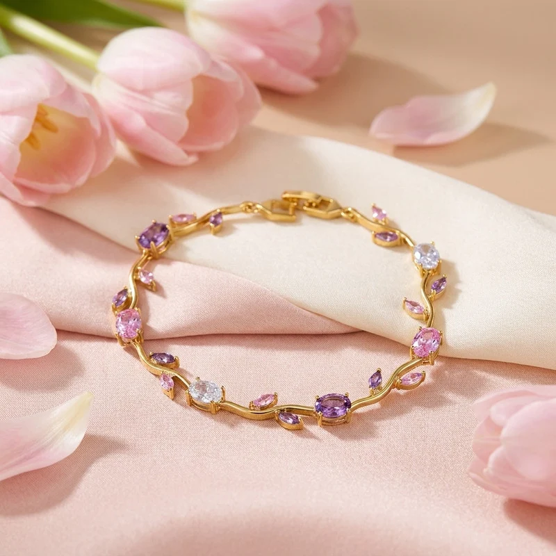Gold-Plated Anti Tarnish Pink & Purple Crystal Leaf Bracelet for Women