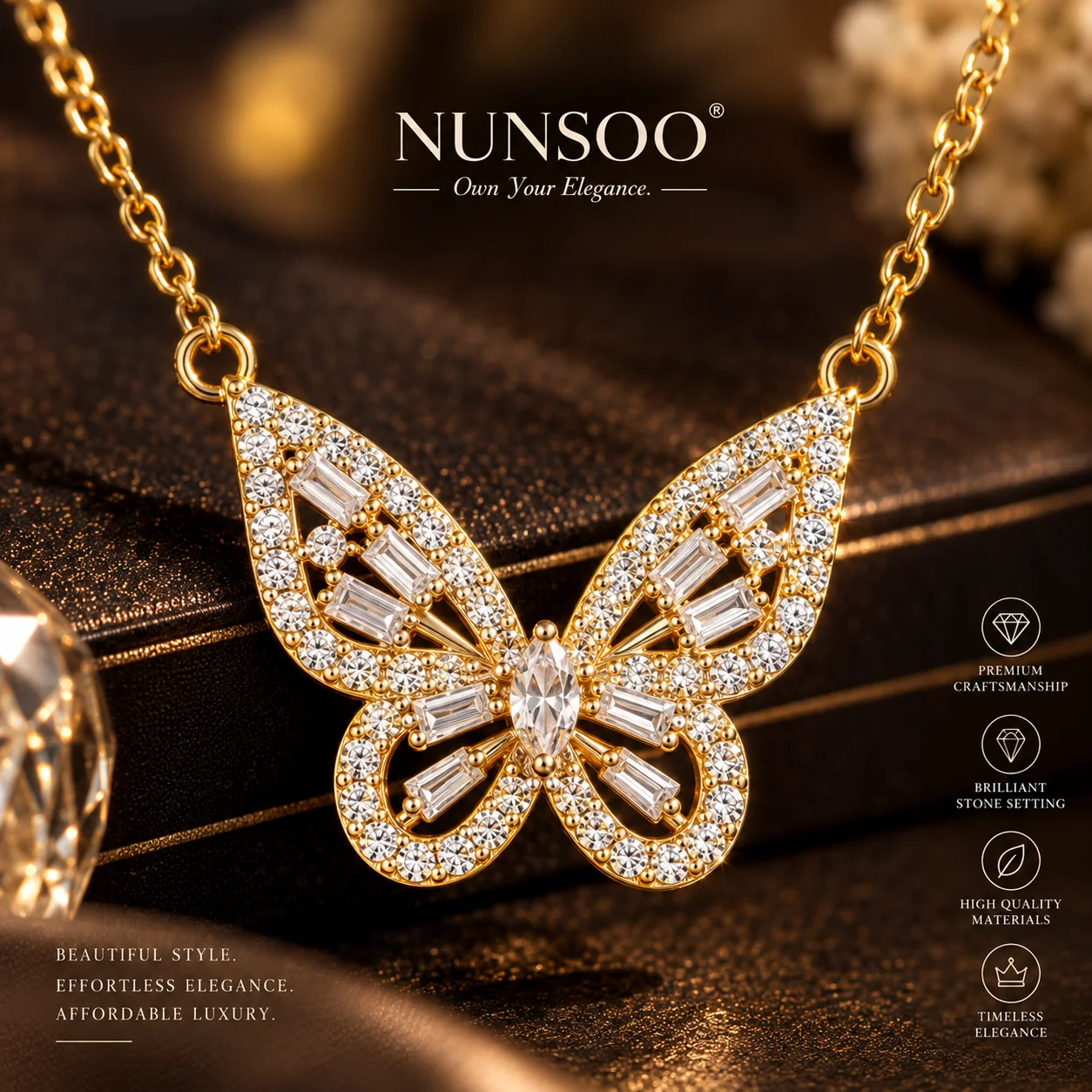 Gold-Plated Anti Tarnish Crystal Butterfly Pendant Necklace for Women