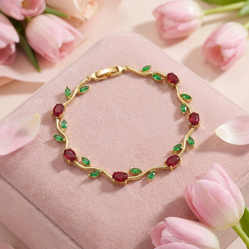 Gold-Plated Anti Tarnish Ruby Red & Emerald Green Leaf Bracelet for Women
