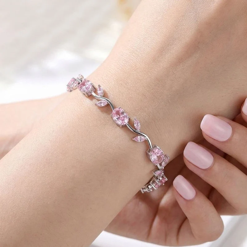 Pink Crystal Floral Tennis Bracelet – Gold-Plated Anti Tarnish Bracelet for Women