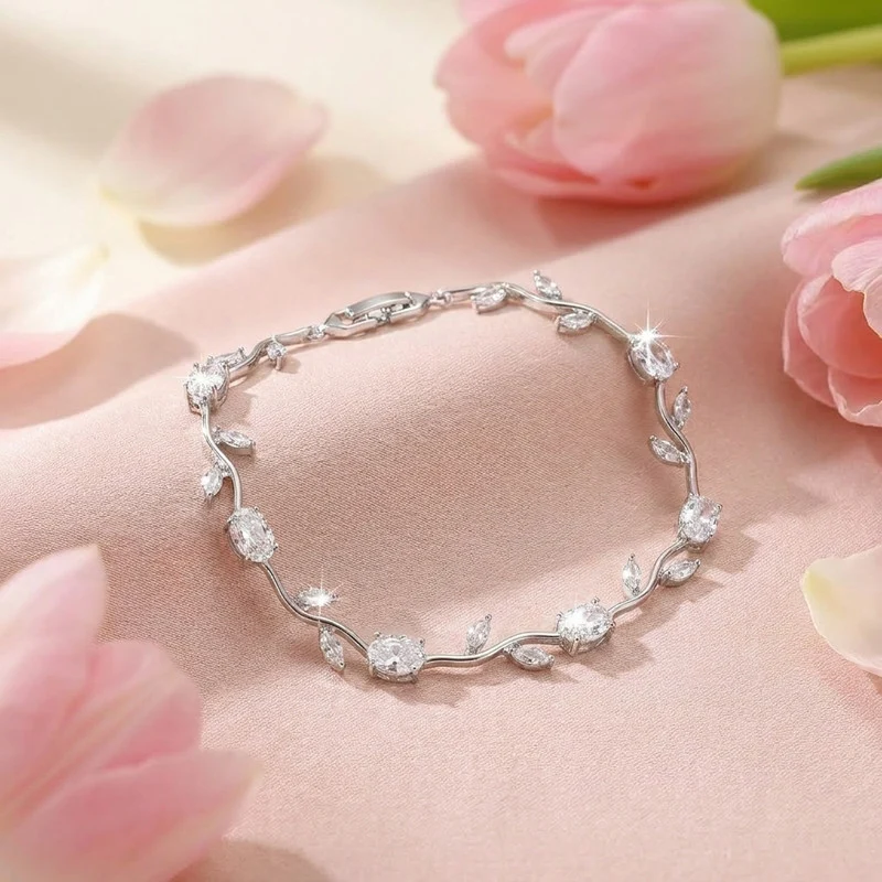 Silver-Plated Anti Tarnish White Crystal Leaf Bracelet for Women