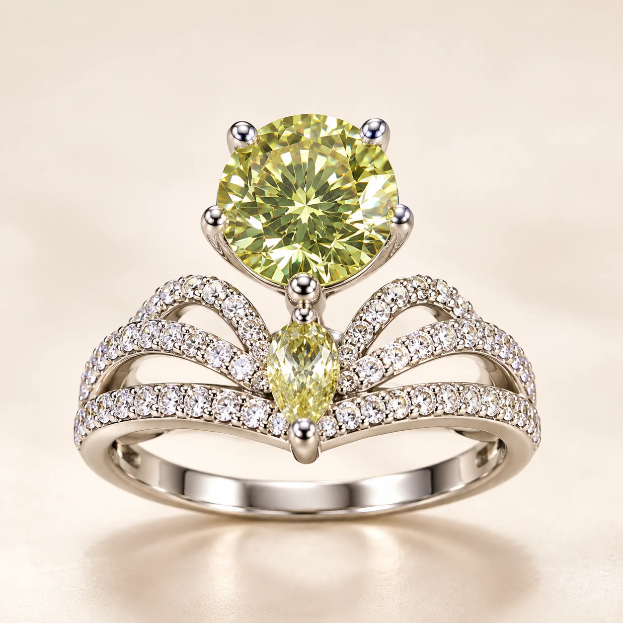 Adjustable Green Gemstone Bow Ring for Women – Silver-Tone Crystal Statement Ring